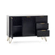 Modern cabinet with black ribbed doors and drawers on a white background