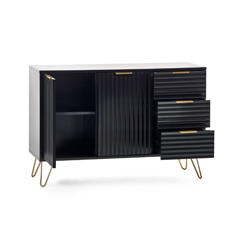 Modern cabinet with black ribbed doors and drawers on a white background