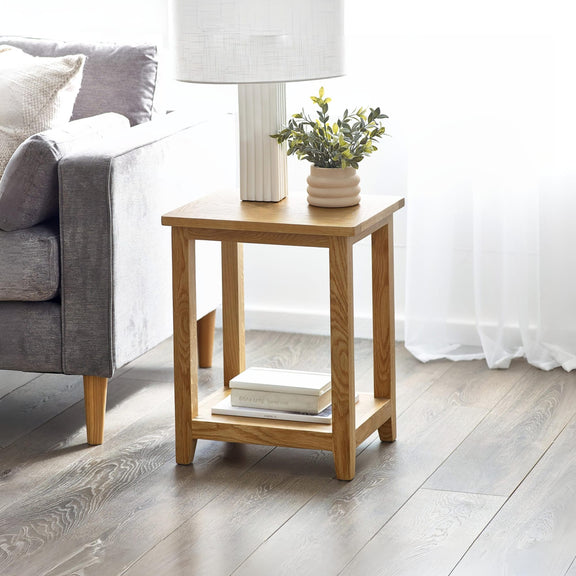 Wooden side table with lamp, books, and plant in a living room setting.