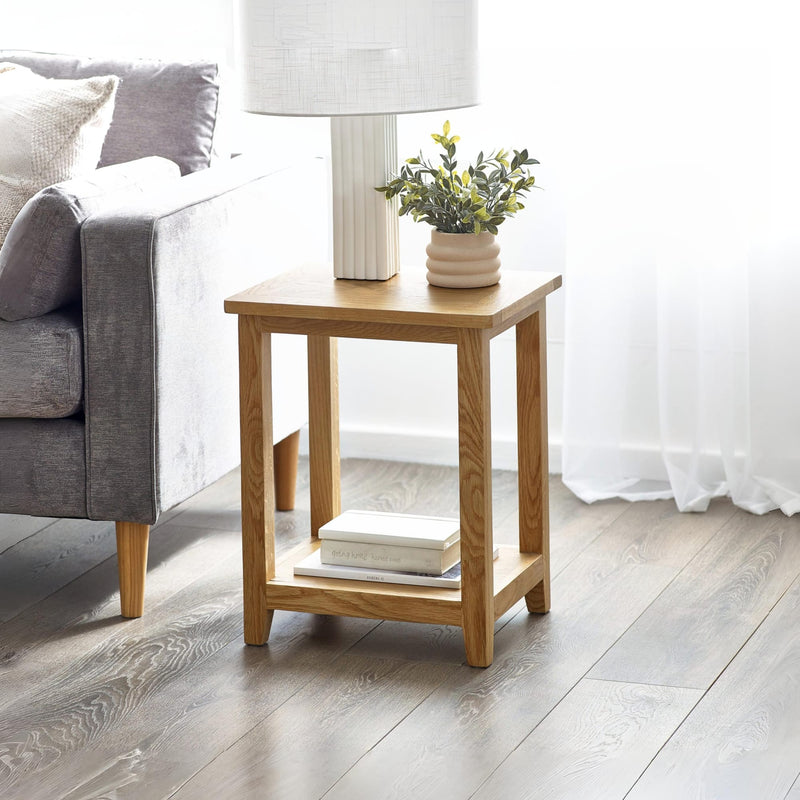 Wooden side table with lamp, books, and plant in a living room setting.