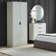 Gray wardrobe, dresser, and bed in a bedroom setting with a round mirror above the dresser.