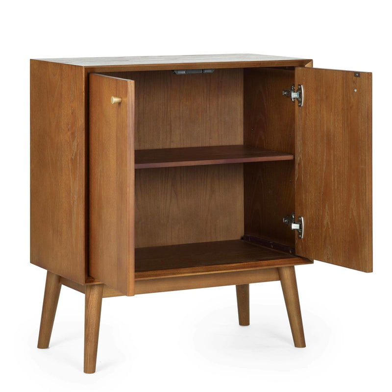 Wooden cabinet with open doors on a white background