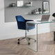 Modern office setup with a glass desk, blue chair, and laptop.