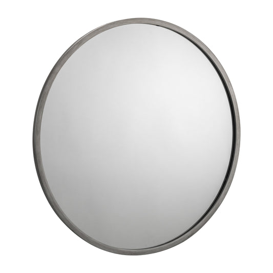 Round mirror with a silver frame on a white background