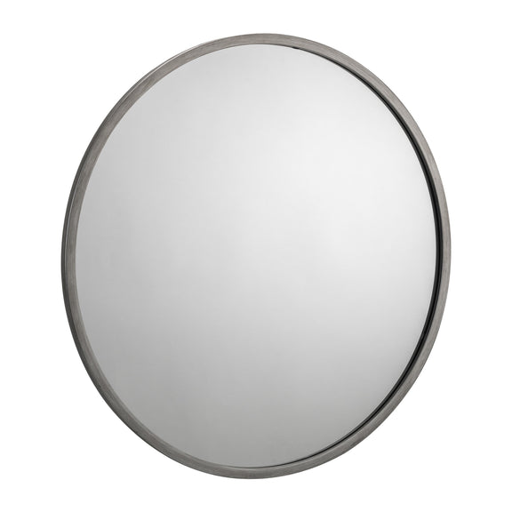 Round mirror with a silver frame on a white background