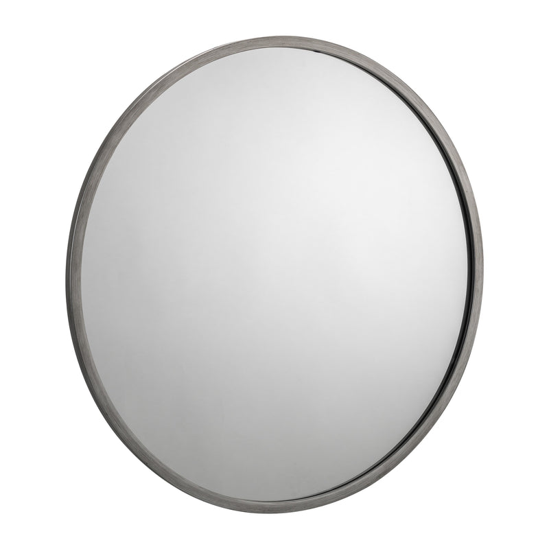 Round mirror with a silver frame on a white background