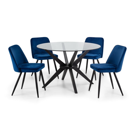 Dining table with five blue chairs on a white background