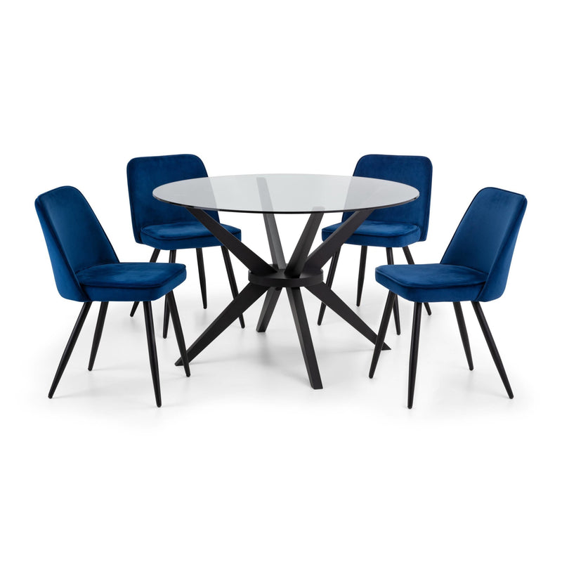 Dining table with five blue chairs on a white background