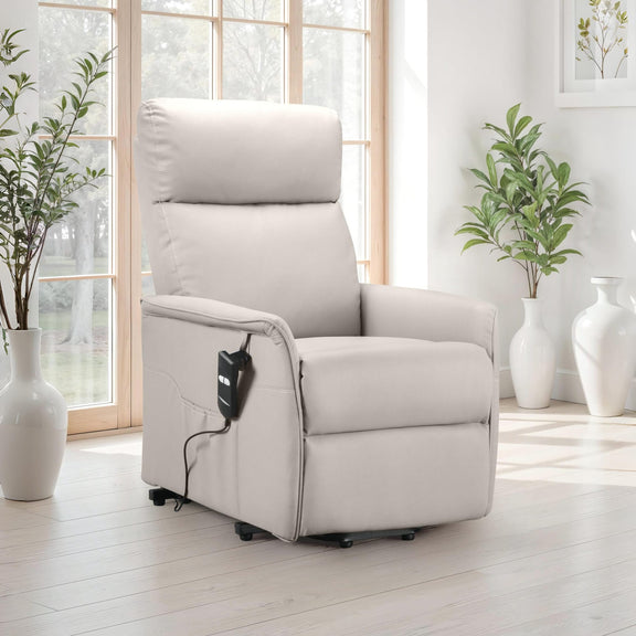 Beige recliner chair in a bright room with large windows and decorative plants.
