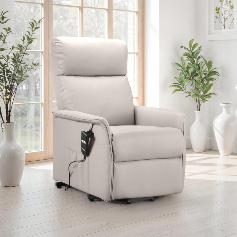 Beige recliner chair in a bright room with large windows and decorative plants.