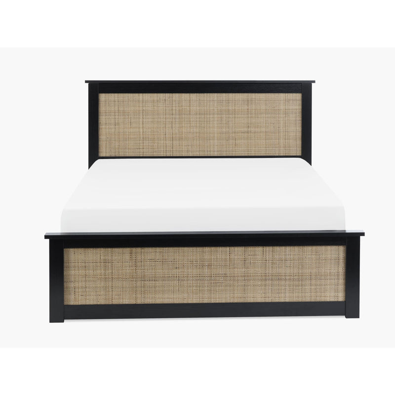 Bed with black frame and woven design on a white background