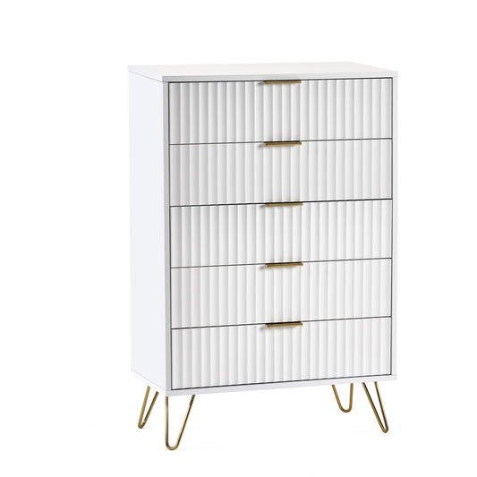 White dresser with gold legs and handles on a white background