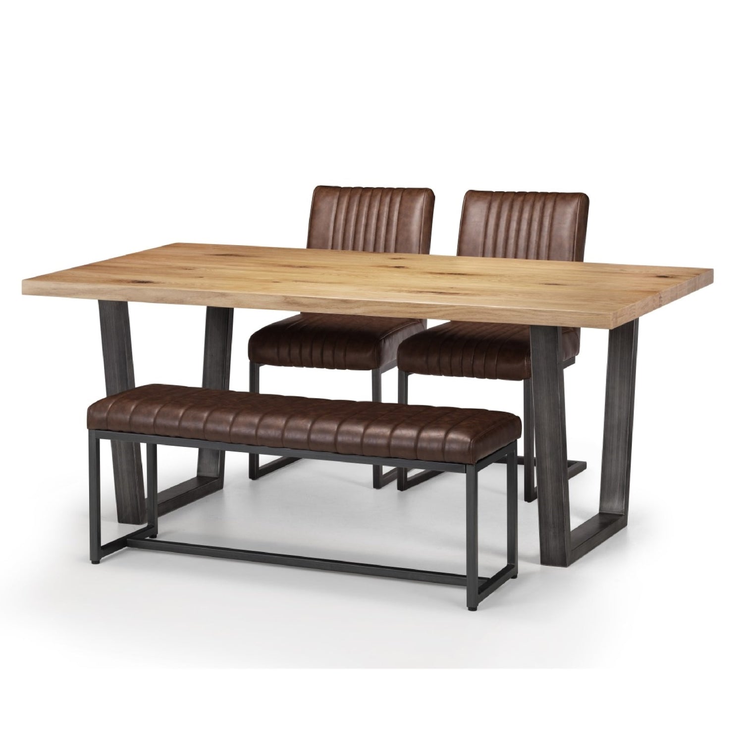 Dining set with wooden table, two chairs, and a bench on a white background