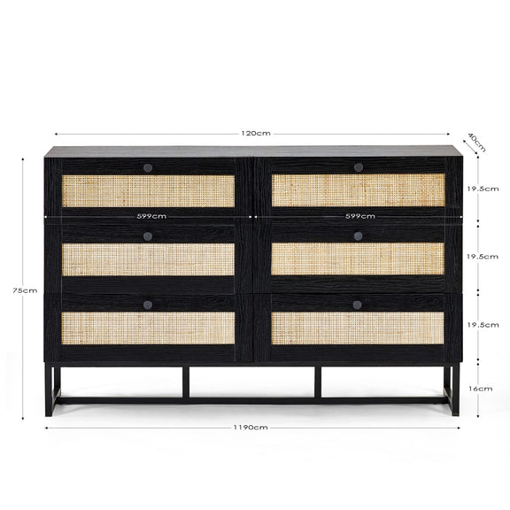 Black dresser with rattan drawers and dimensions on a white background