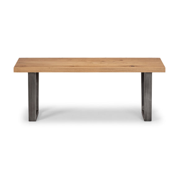 Wooden table with metal legs on a white background