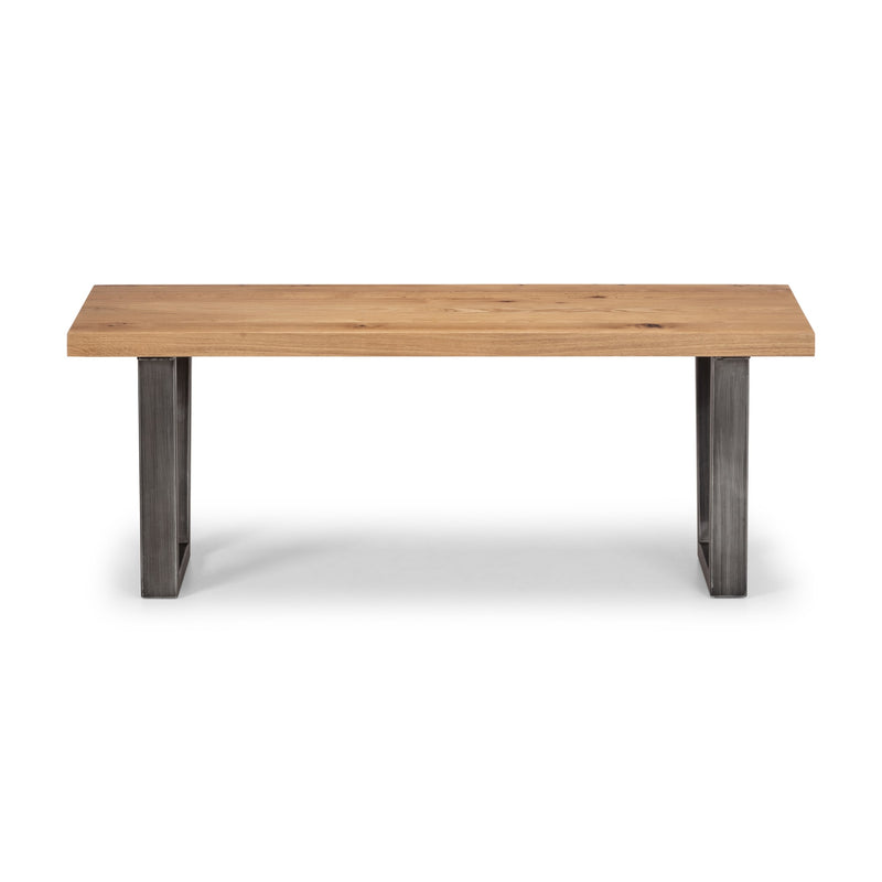 Wooden table with metal legs on a white background