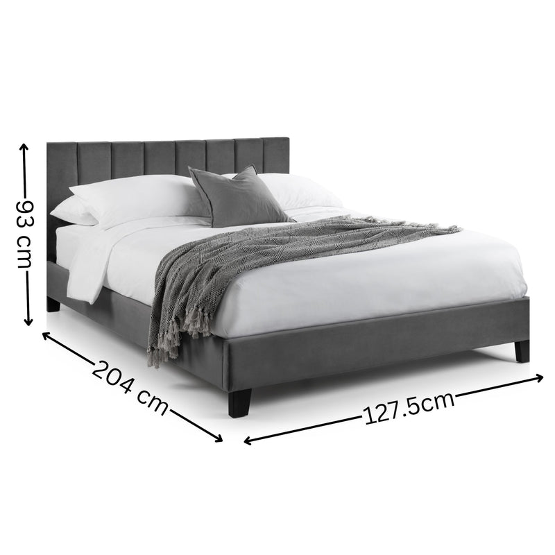 Gray upholstered bed with dimensions labeled on a white background
