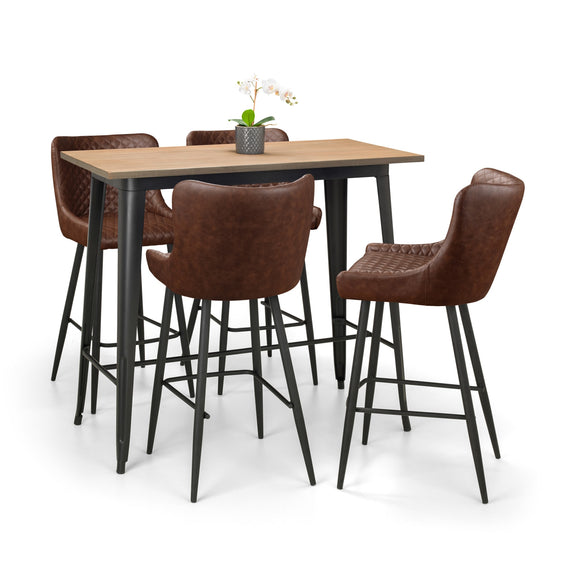 Dining table with four brown bar stools on a white background