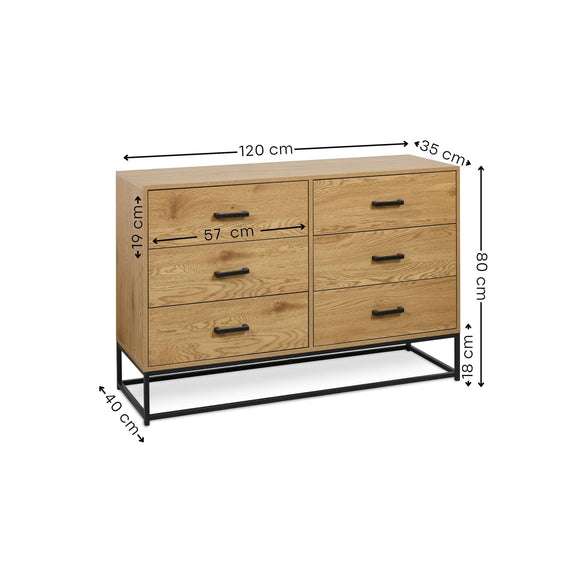 Wooden dresser with dimensions labeled on a white background