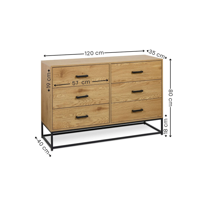 Wooden dresser with dimensions labeled on a white background