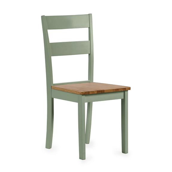 Green wooden chair with a brown seat on a white background