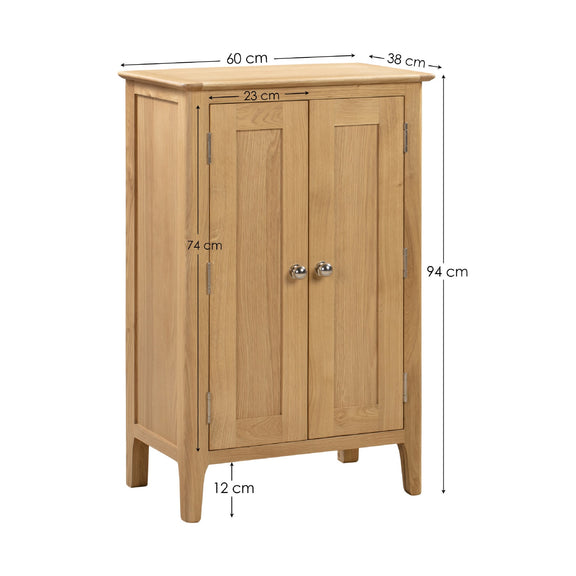Wooden cabinet with dimensions labeled on a white background