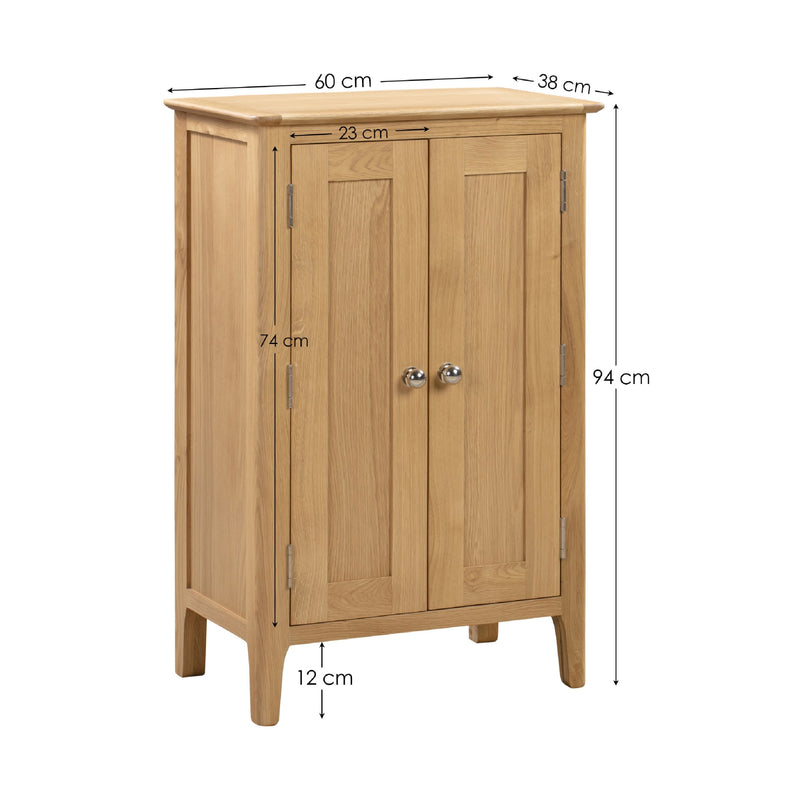 Wooden cabinet with dimensions labeled on a white background