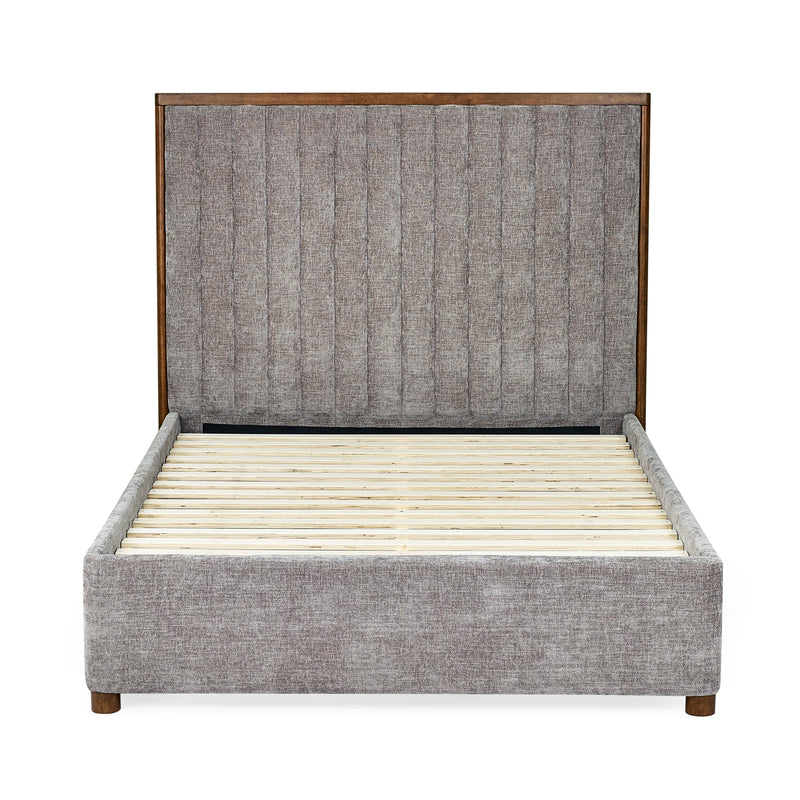 Gray upholstered bed with wooden frame on a white background