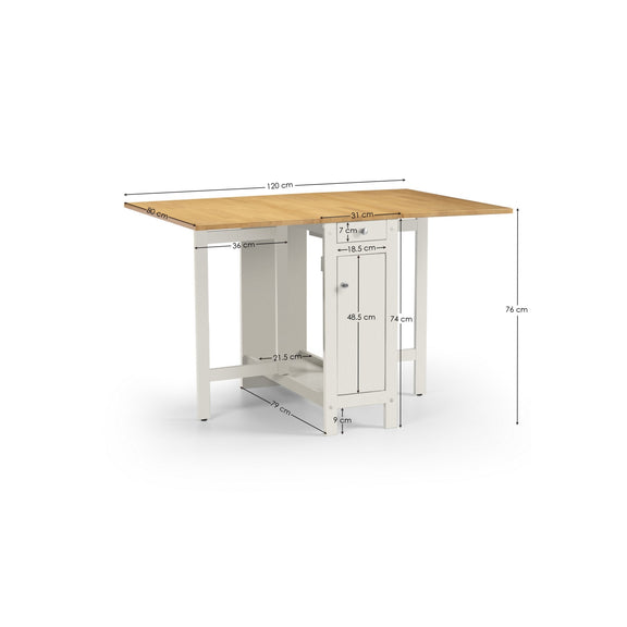 Wooden table with dimensions labeled on a white background
