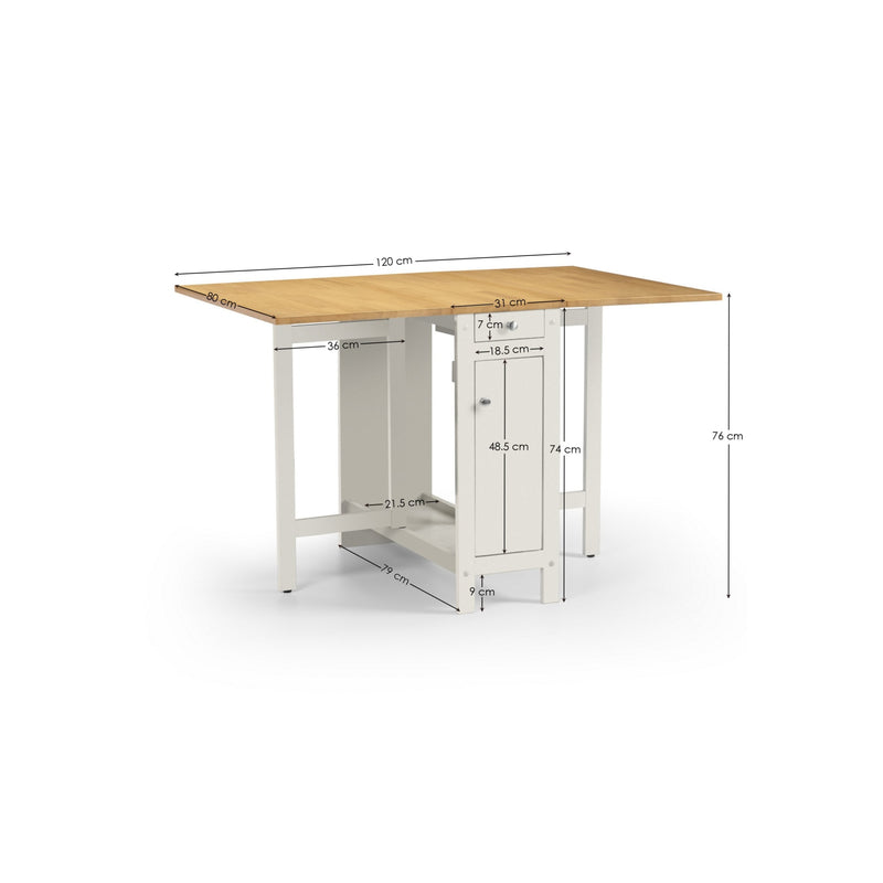 Wooden table with dimensions labeled on a white background