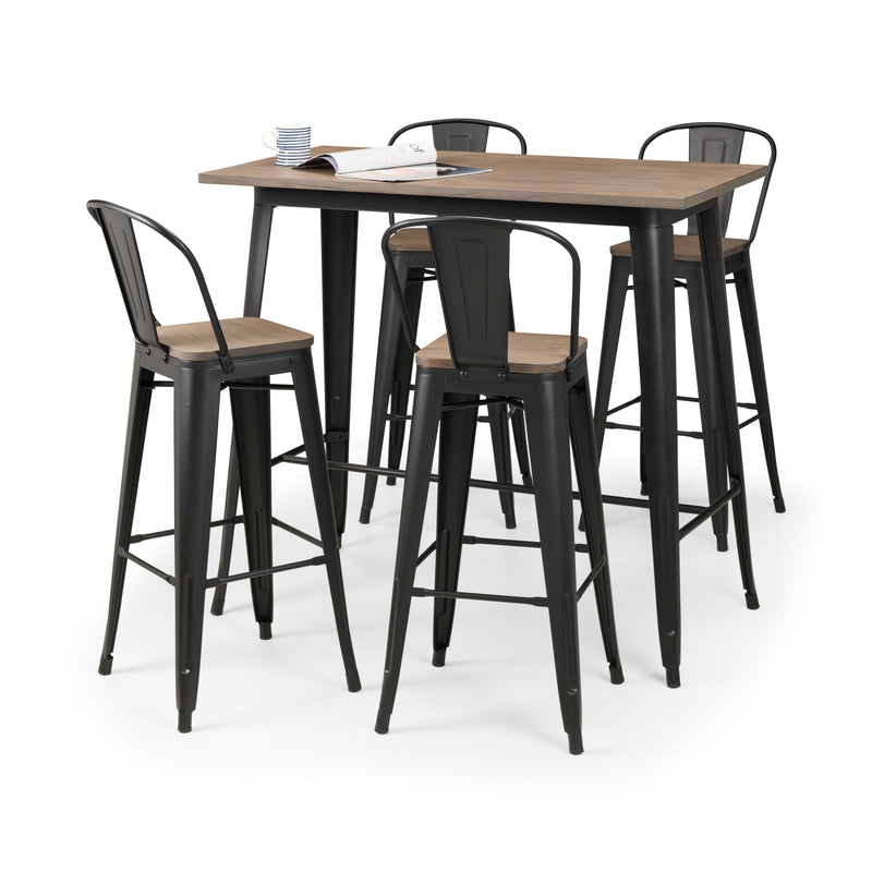Set of bar stools with a wooden table on a white background