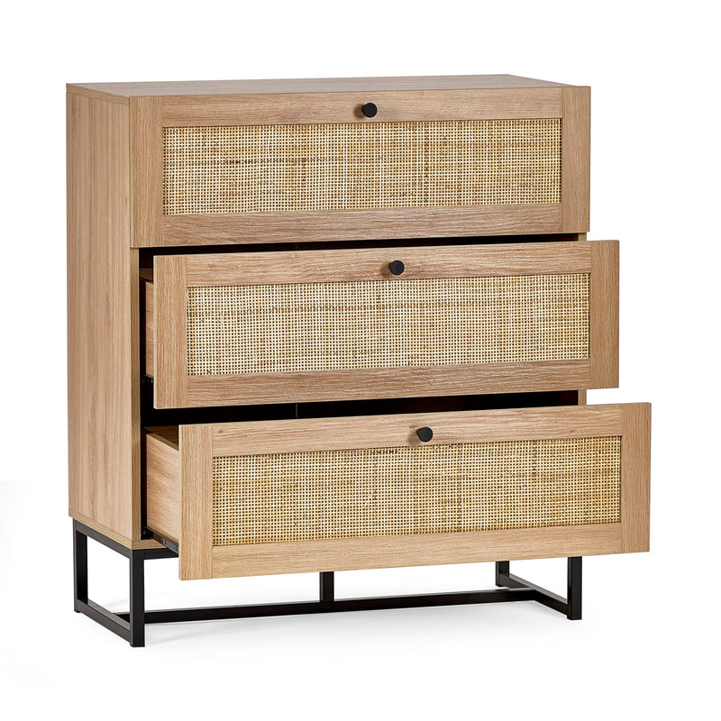 Wooden dresser with woven design and black metal legs on a white background
