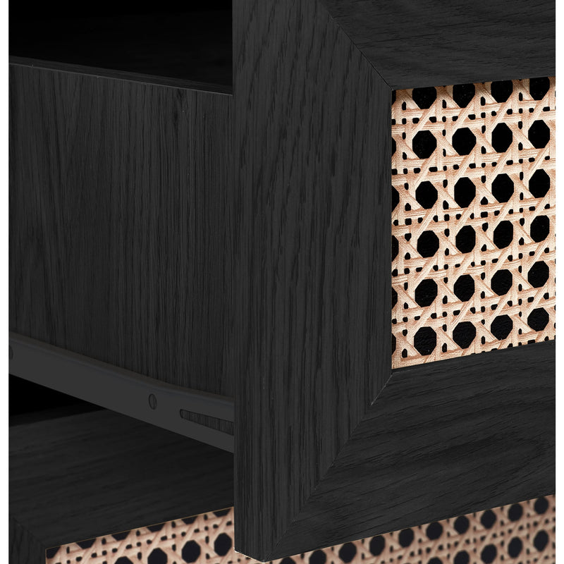 Black wooden cabinet with a decorative lattice pattern on a dark background