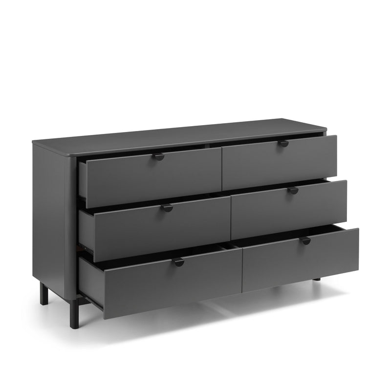 Gray dresser with four drawers on a white background