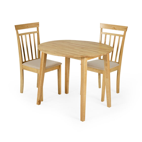 Wooden dining table with two chairs on a white background