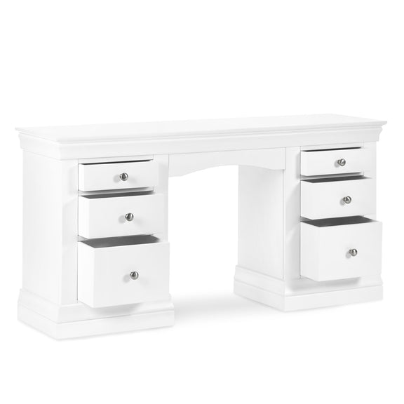White corner desk with multiple drawers on a white background