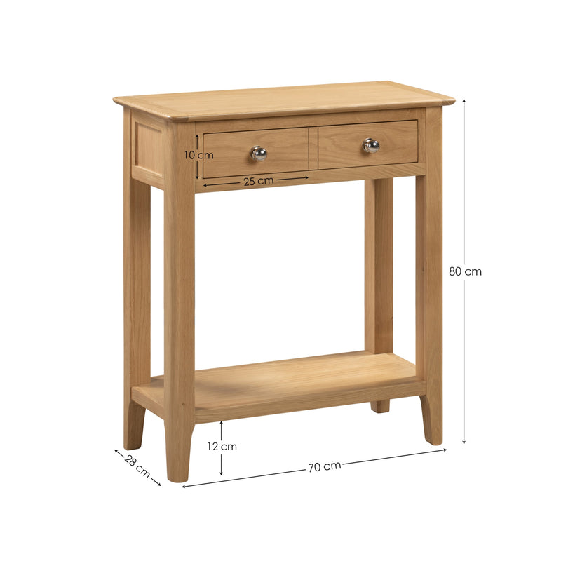Wooden console table with dimensions on a white background