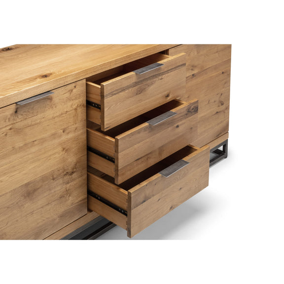 Wooden dresser with multiple drawers on a white background