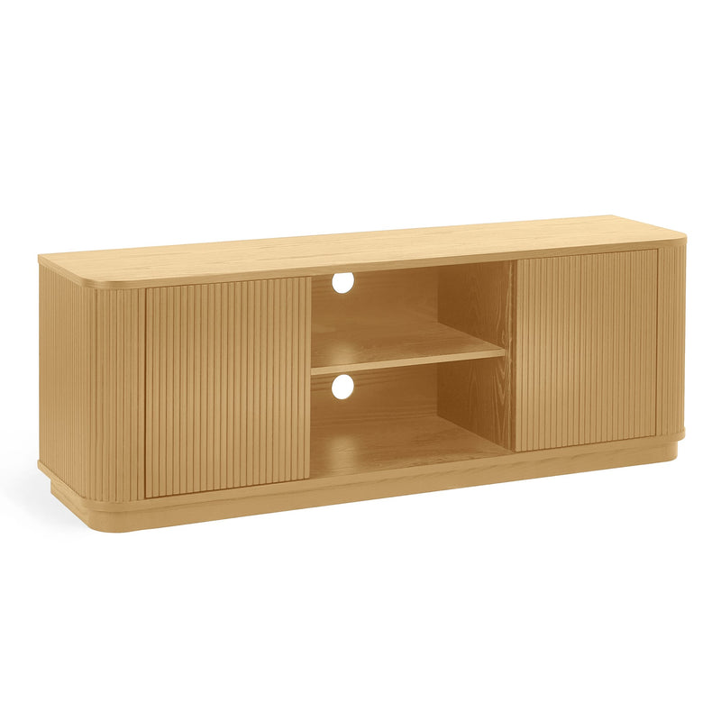 Wooden TV stand with sliding doors on a white background