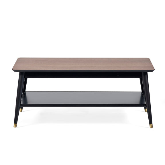 Coffee table with wooden top and black base on a white background
