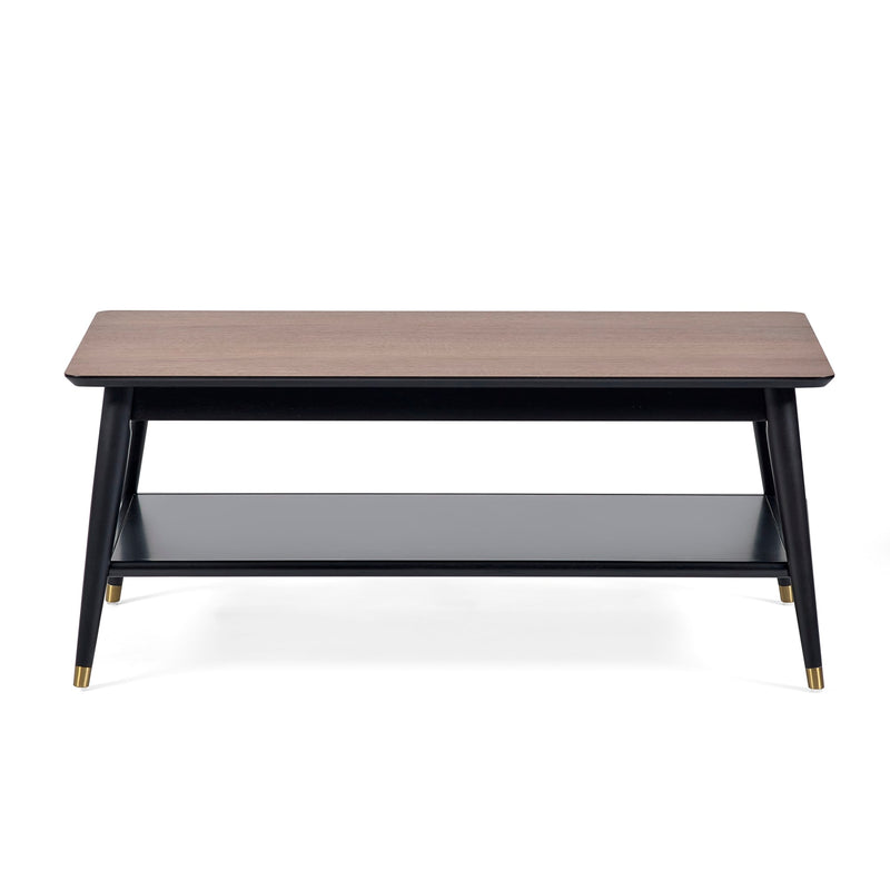 Coffee table with wooden top and black base on a white background