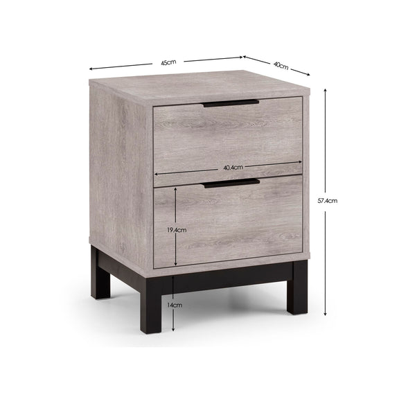 Wooden nightstand with dimensions labeled on a white background