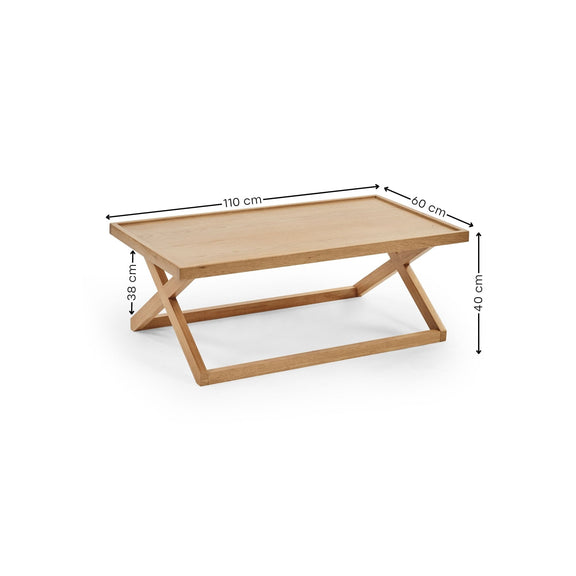 Wooden coffee table with dimensions labeled on a white background