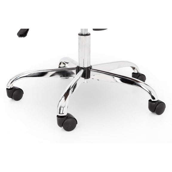 Chrome office chair base with black wheels on a white background
