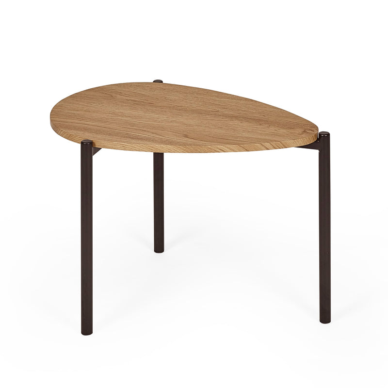 Wooden table with black metal legs on a white background