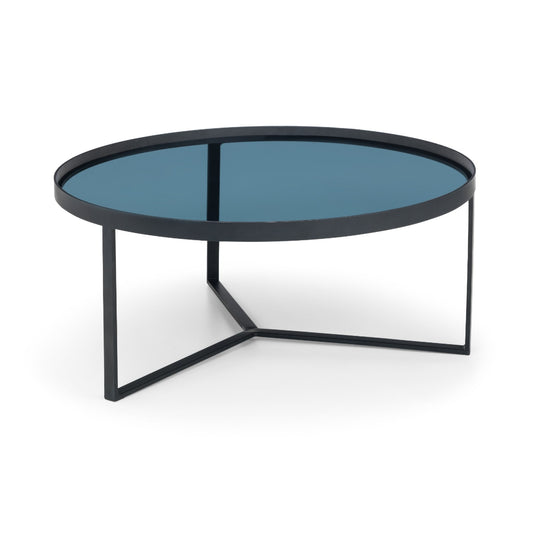 Round coffee table with black metal frame and blue glass top on a white background