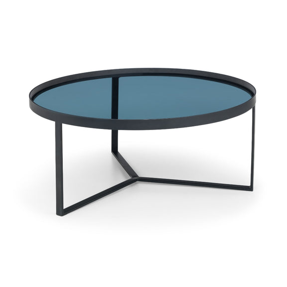 Round coffee table with black metal frame and blue glass top on a white background