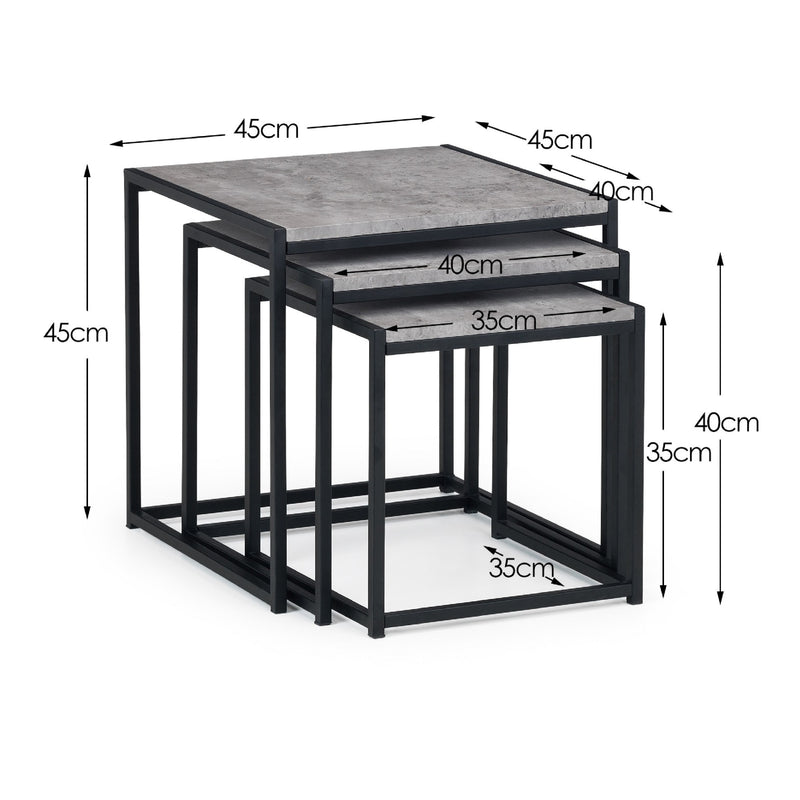 Set of three nesting tables with dimensions labeled on a white background