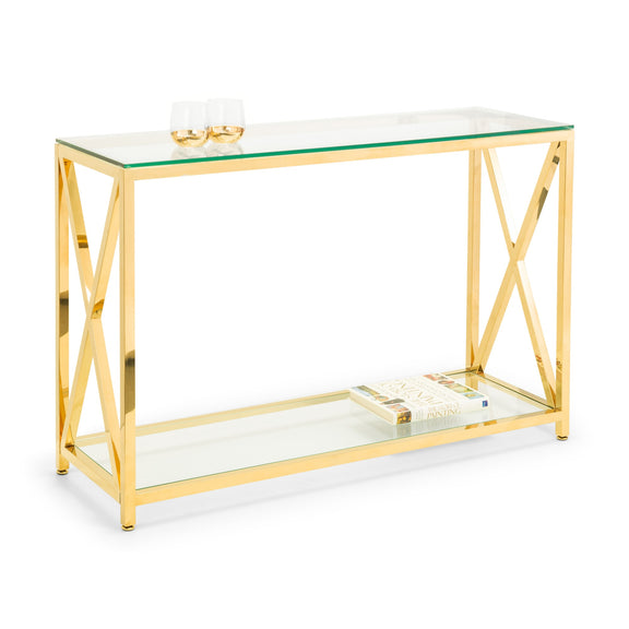Gold console table with glass top and shelf on a white background