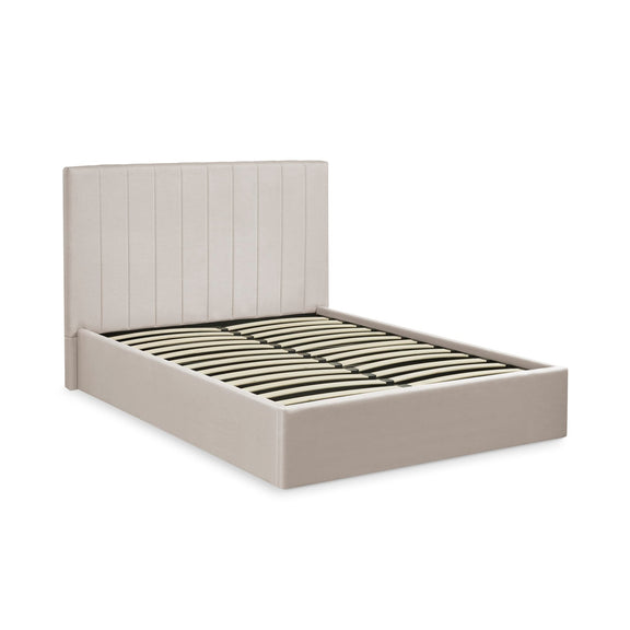 Beige bed frame with slatted design on a white background
